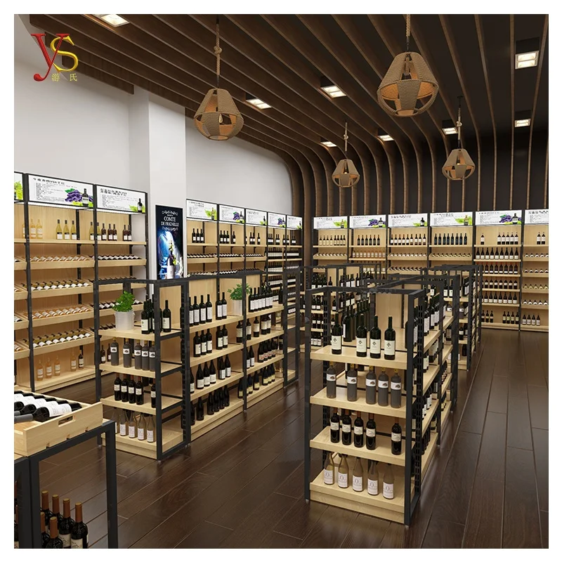 YSshelves wine shop interior design alcohol rack wood shelves whiskey display cabinet liquor store