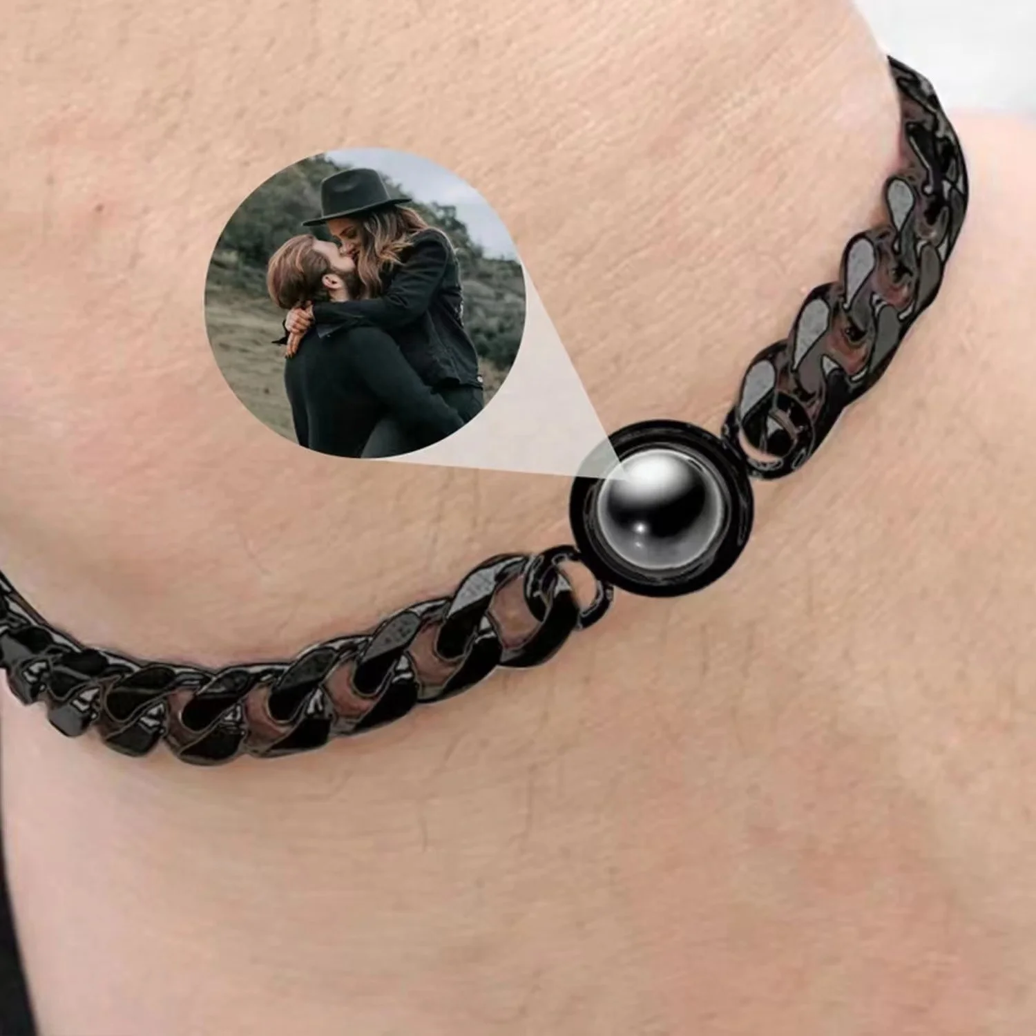 Stainless steel cuban chain round charm picture name personalised custom photo projection bracelet for men