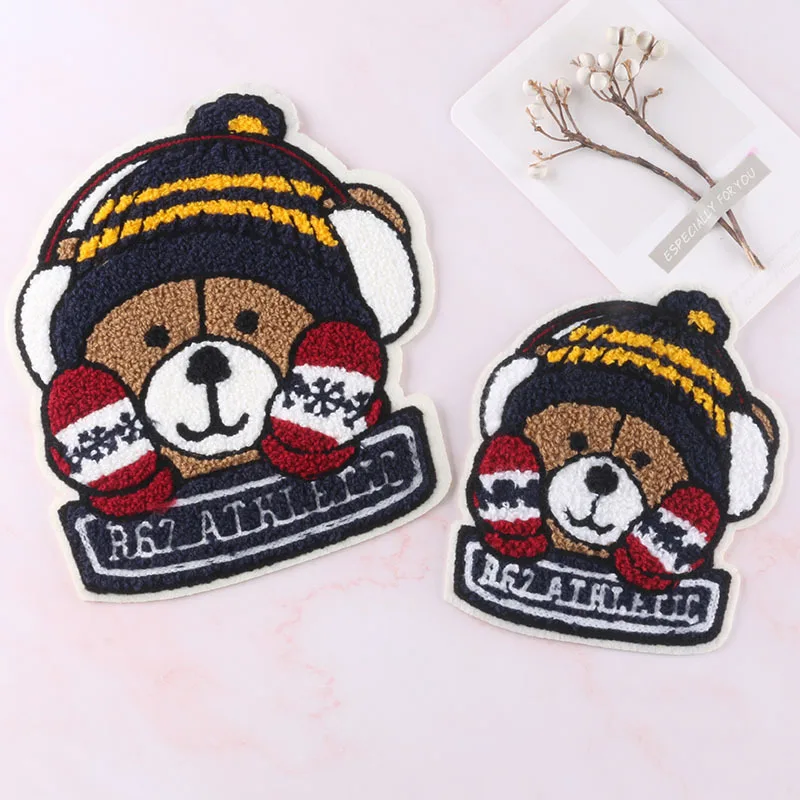 
Custom Cartoon Towel Embroidery Bear Sew On Chenille Patches for Clothing 