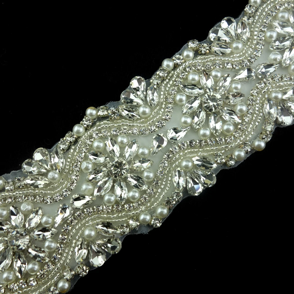fashion diamond applique bridal sash handmade clear rhinestone and pearl wedding ribbon belt for bridal bridesmaid dress