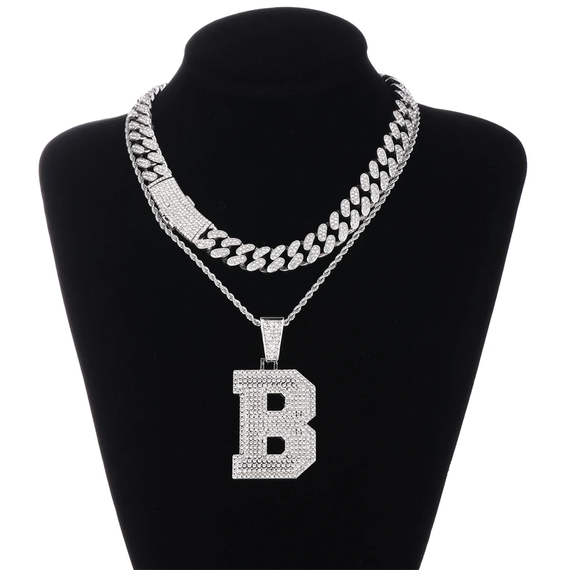 Fashion trend alloy full diamond jewelry large pink silver letter B pendant Cuban necklace rap trendsetter jewelry