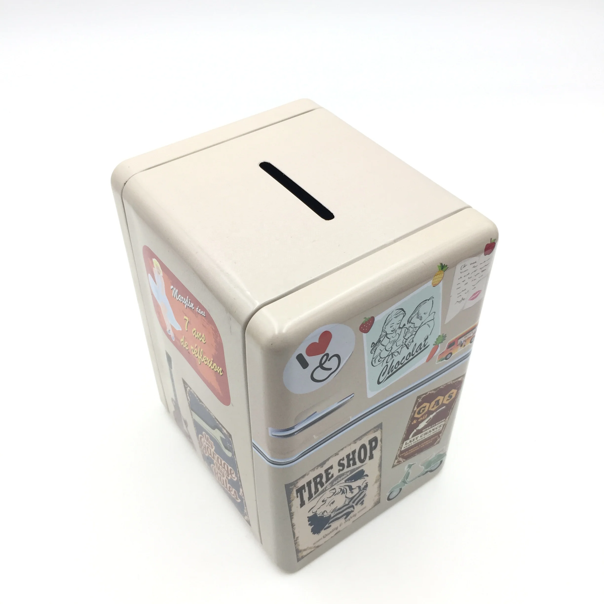 Сделанные на заказ металлические жестяные коробочки для денег в форме холодильника