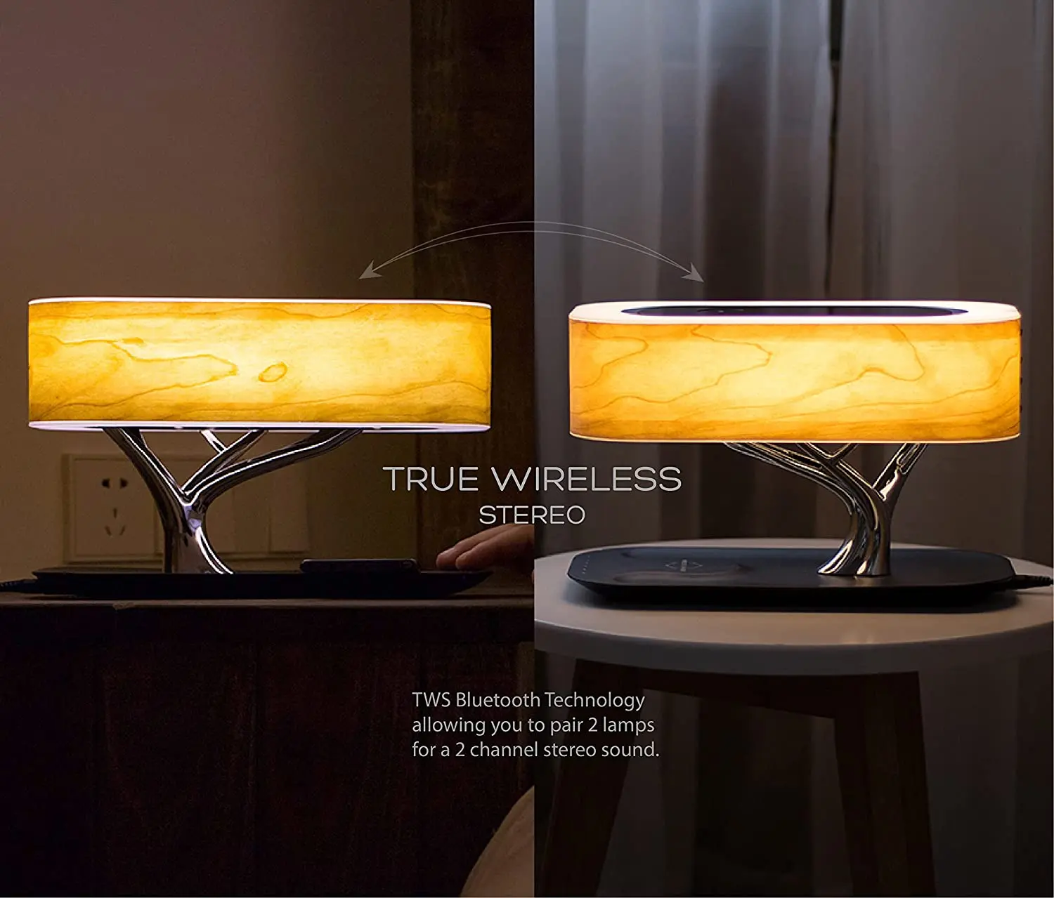 Декор дерево свет настольная лампа музыка Bluetooth динамик кровать Wi-Fi светодиодный мобильный телефон QI Беспроводная зарядка для дома