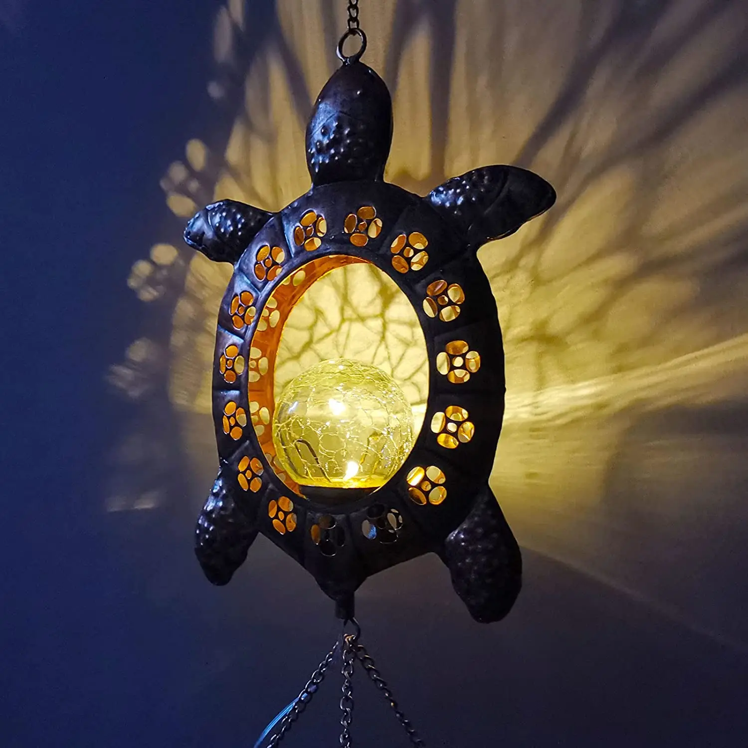 Sea Turtle Metal Retro Copper Led Solar Memorial Musical Sympathy Wind Chimes Light with Crackle Glass Ball for Garden Patio