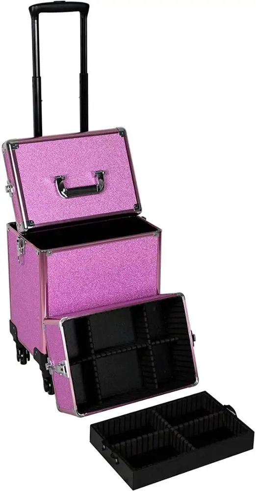 Rolling Makeup trolley Case Professional Lock Train Case Cosmetic Trolley Case With Sliding Drawer Organizer and Wheels Red Alum