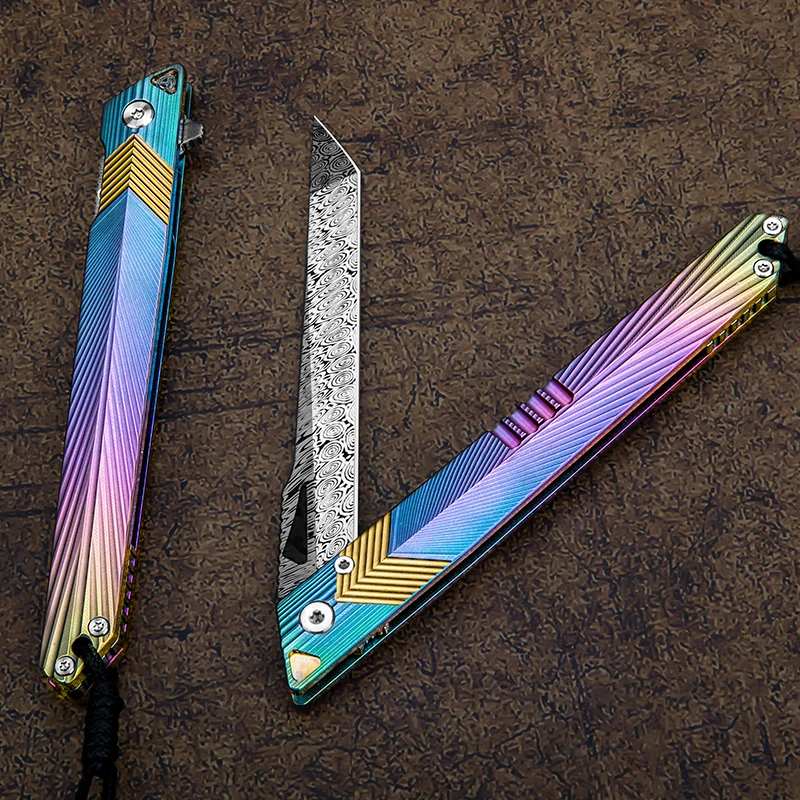 Premium Sweden Powder Damascus Steel Slim Pen Tanto Point TC4 Titanium Alloy Handle Pocket Knife with Clip And Leather Sheath