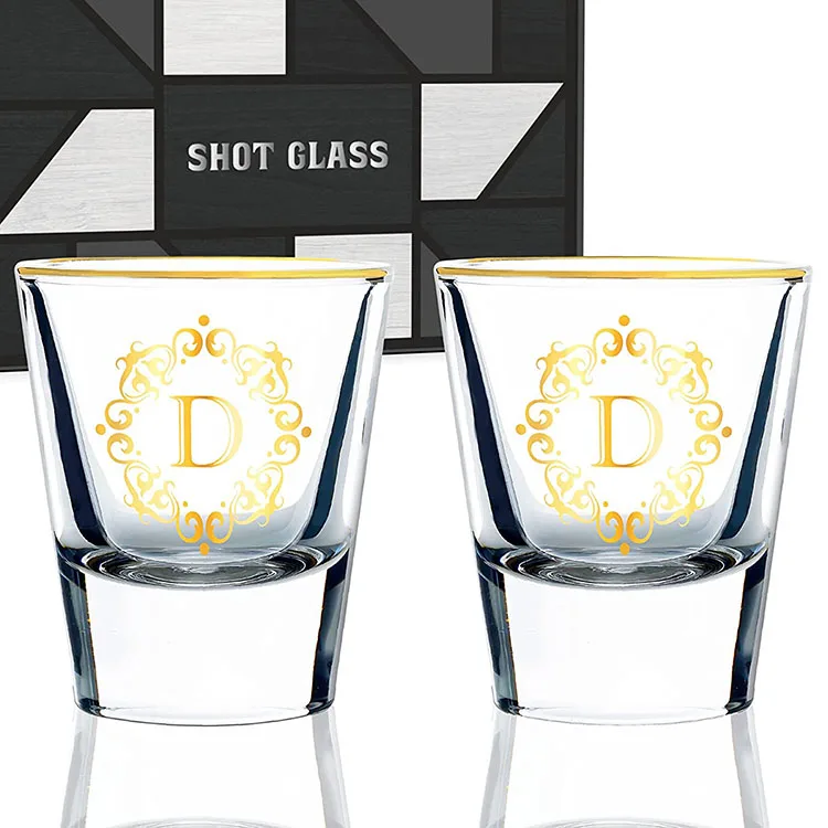 Personalized Thick Bottom Custom Gifts 1.5oz Tequila Vodka Whiskey Gold Rim Shot Glass Set for Lovers Birthday Christmas