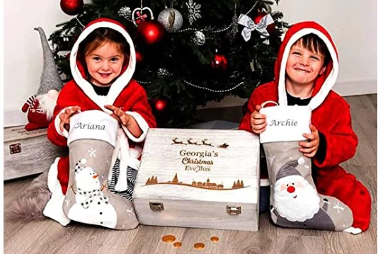 Custom Mini Grey Polyester Embroidered Santa Snowman Bear Penguin Patterns Candy Bag Christmas Stocking