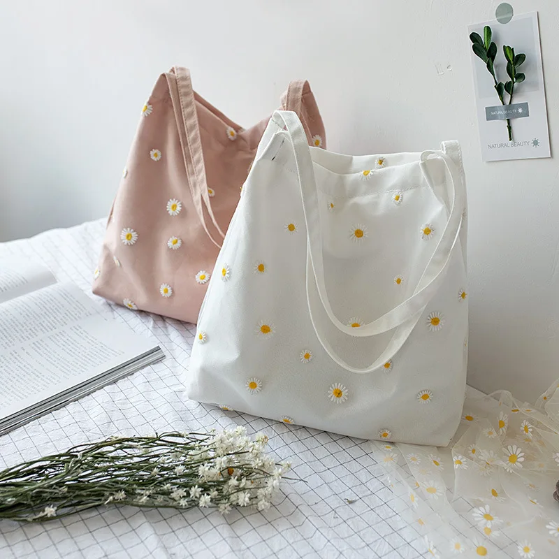 Factory Fashionable Medium Size Reusable Custom Embroidery Shopping Cotton Canvas Daisy Tote Bag With Print Logo
