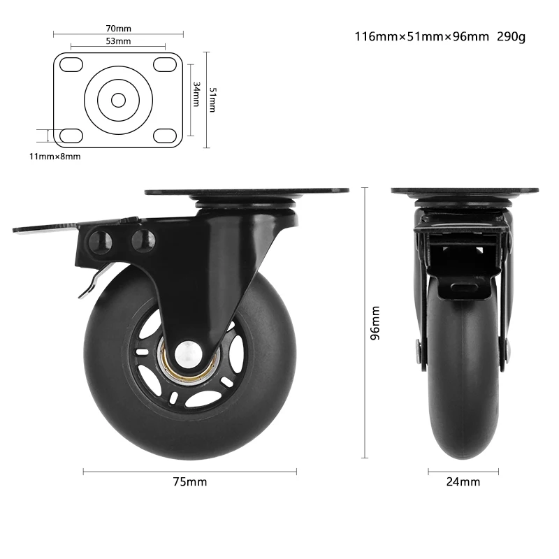 Hot Sale Furniture Caster Wheels 3 Inch TPR Anti-Static Caster Rubber Swivel Brake Office Chair Caster Wheels