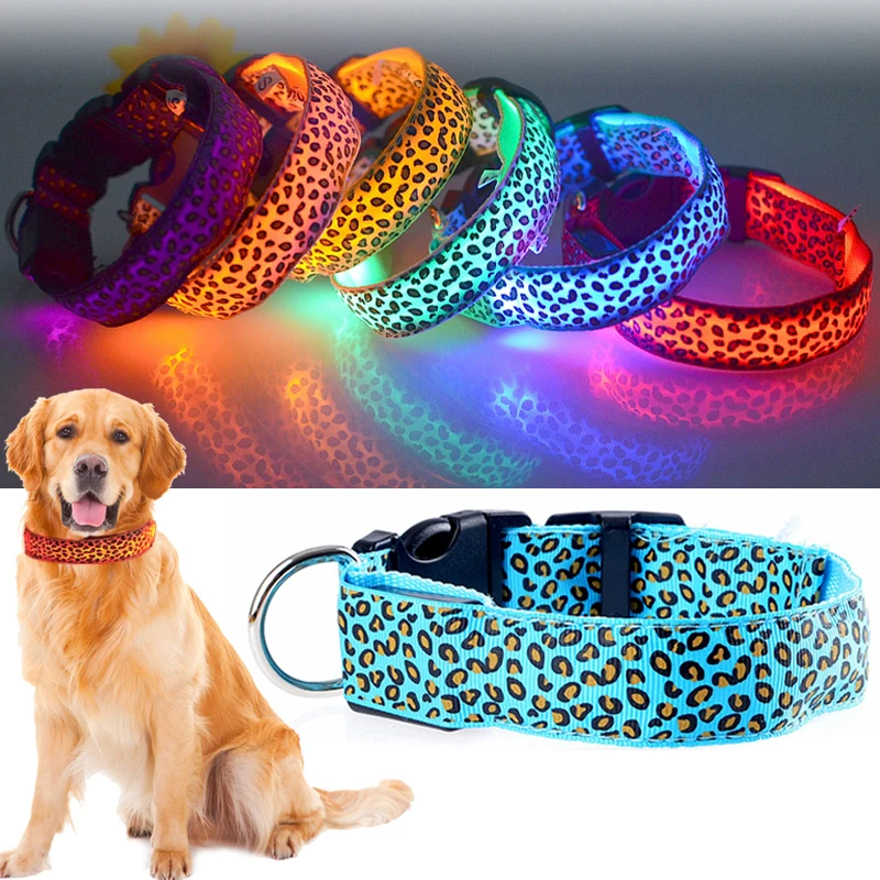 LED Dog Collar Adjustable Luminous Leopard Glowing Collar for Dogs Electronic Pet Night Safety Nylon Flashlight LED Cat Collar
