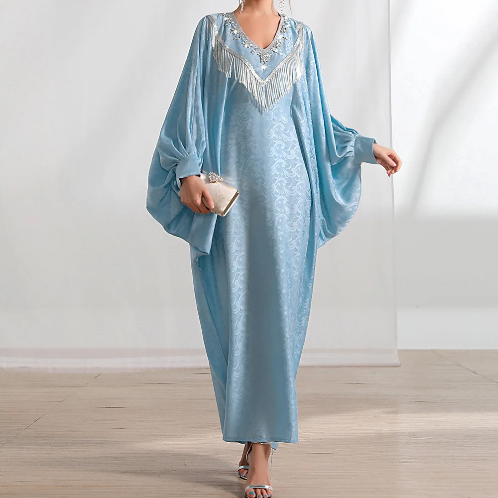Bat sleeve embroidered Arabic Dubai Abaya Kaftan Prom free size Ramadan Eid Robes  Beaded Long Moroccan Kaftan evening dresses