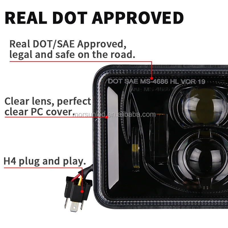 DOT 4X6 inch square headlight for peterbilt 379 led projector headlight for Kenworth pickup car accessories