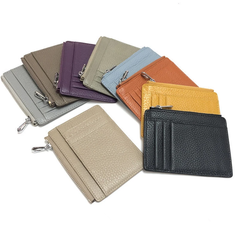 Small Zipper Cardholder Genuine Leather Women & Men ID Holder Double Side Leather Wallet