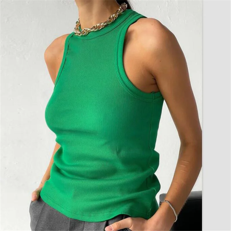 Женский трикотажный топ с круглым вырезом, летняя Базовая рубашка, повседневный спортивный жилет с открытыми плечами, зеленая ребристая Женская майка, 2021