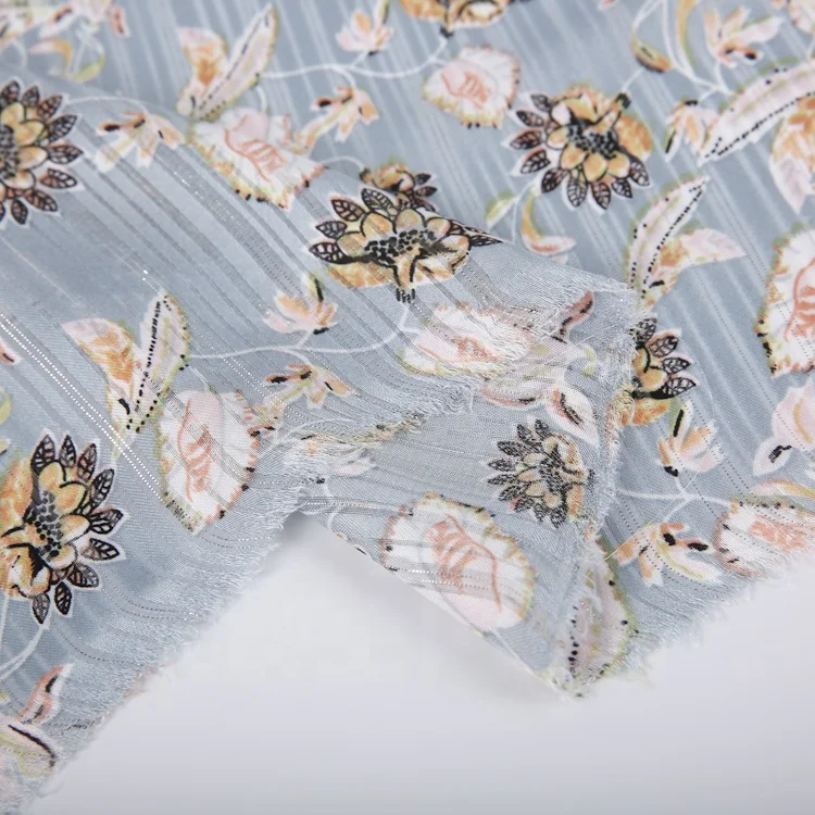 Polyester floral printed silver lurex glitter crinkle crepe chiffon fabric for women dress korean textile wholesale
