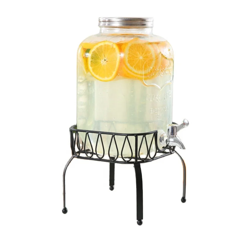 custom logo glass dispenser with metal stand and tap 4L 5L 8L mason jar glass beverage juice dispenser