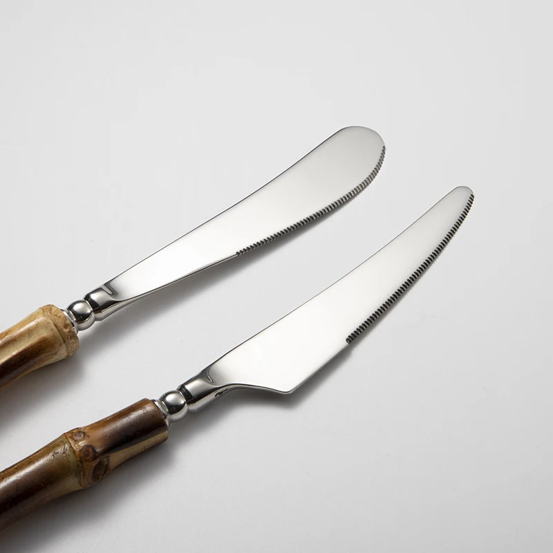 Wholesale Home Mirror Polished 304 Silver Spoons Forks And Knives Original Bamboo Cutlery Set