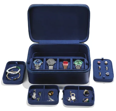 Navy blue multi-layer jewelry body storage box luxury pillow leather jewelry multi-purpose travel box