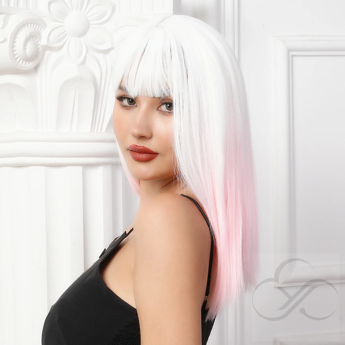 HD lace fronta glueless frontal pink and white long straight hair with bangs chemical fiber hair wig
