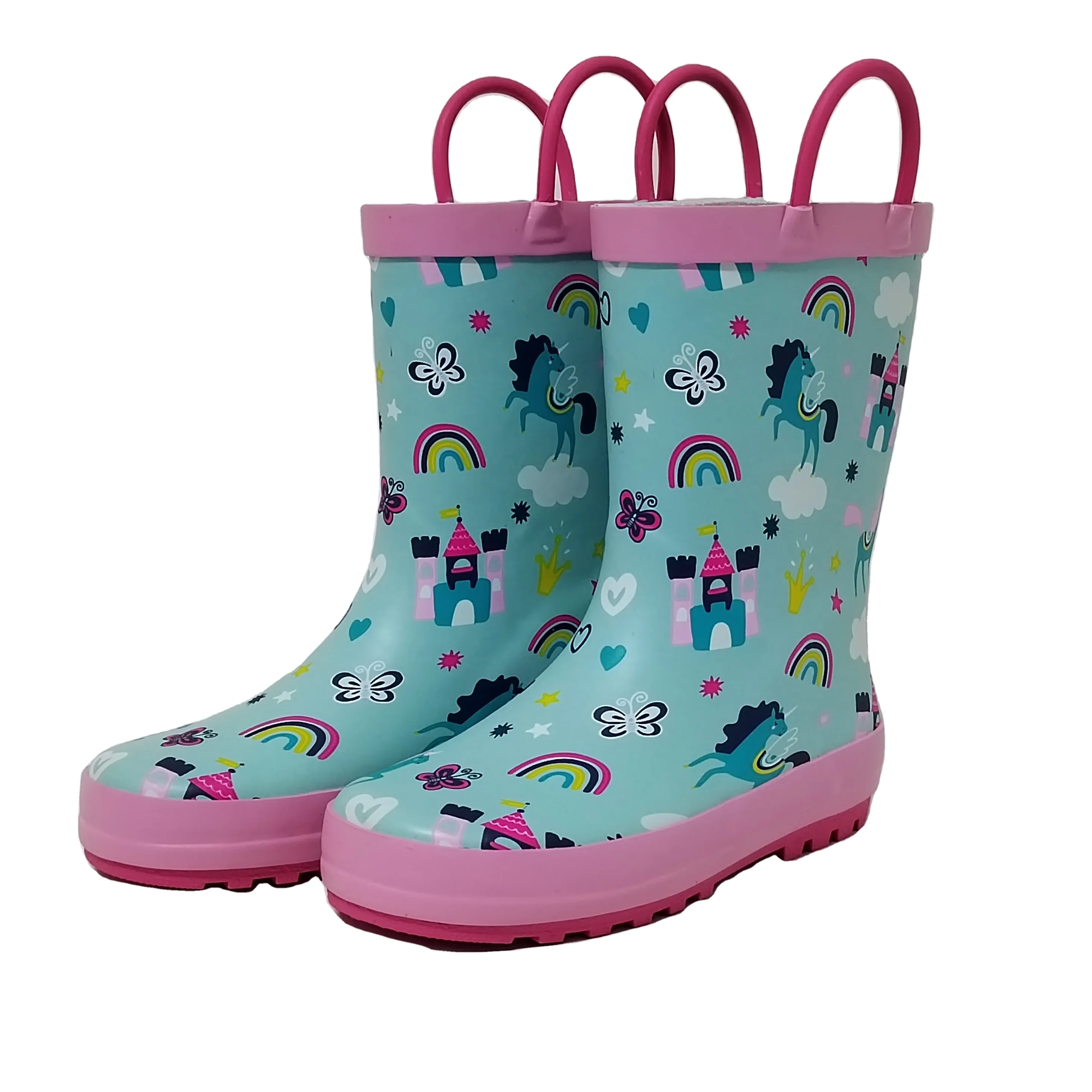 the most popular design unicorn rainbow butterfly printing color lining rubber wellies for children