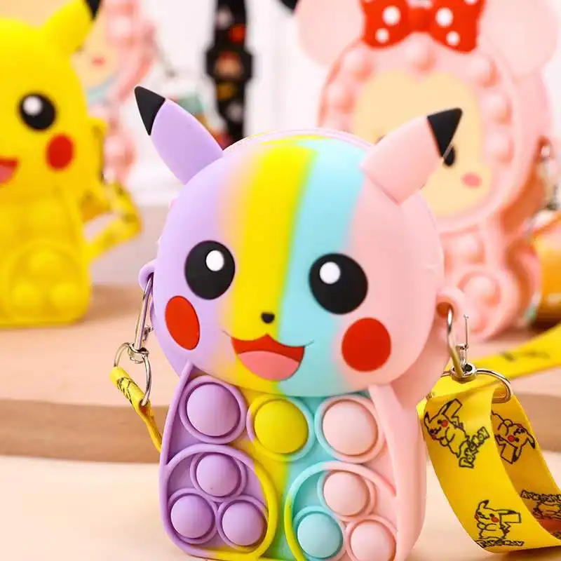 Rainbow minnie mouse coin mini bag silicon kids fidget it bubble pikachu minnie mouse popping purse for girls
