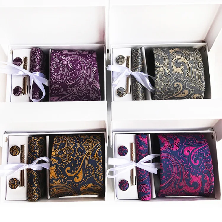 White Gift Box Custom Wholesale Black Men Striped Silk Tie and Hanky Sets Cufflink Tie Set Necktie Sets