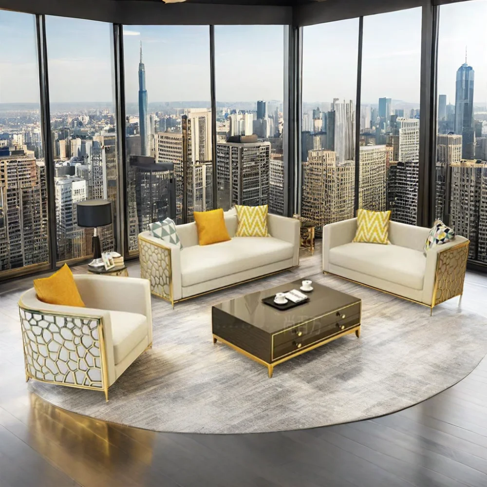 Modern Home Furniture Fabric Sofa Set Livingroom Furniture Gold Metal Stainless Steel Frame Design Sectional Wood 1 Set Optional
