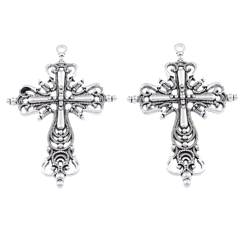 Antique Silver/Gold Tone Large Religious Cross Crucifix Charms Pendants Double Sided For Necklace DIY Jewelry Making 63x42mm