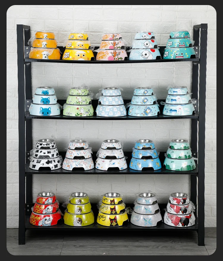 Wholesale imitating ceramic effect cute design dule layer melamine and stainless steel pet dog cat bowl
