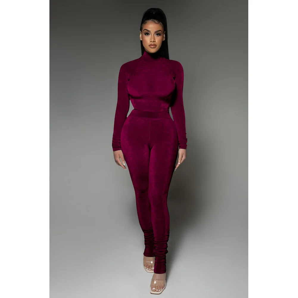 turtleneck sexy club top women private label crop top leggings tight track suit outfits two piece casual velour lady tracksuit