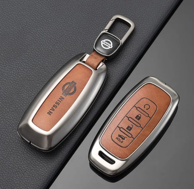 Fashion luxury metal zinc alloy leather car remote key cover case fob for nissan