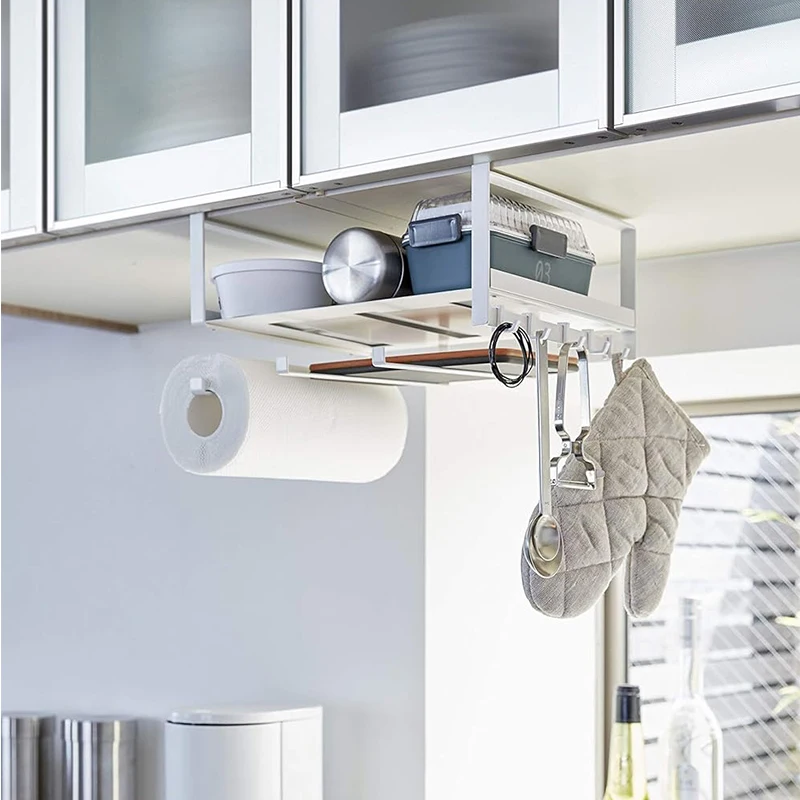 With hook steel unique cupboard Hanging Basket Shelves Under Rag Roll paper organization holder Kitchen utensils storage rack