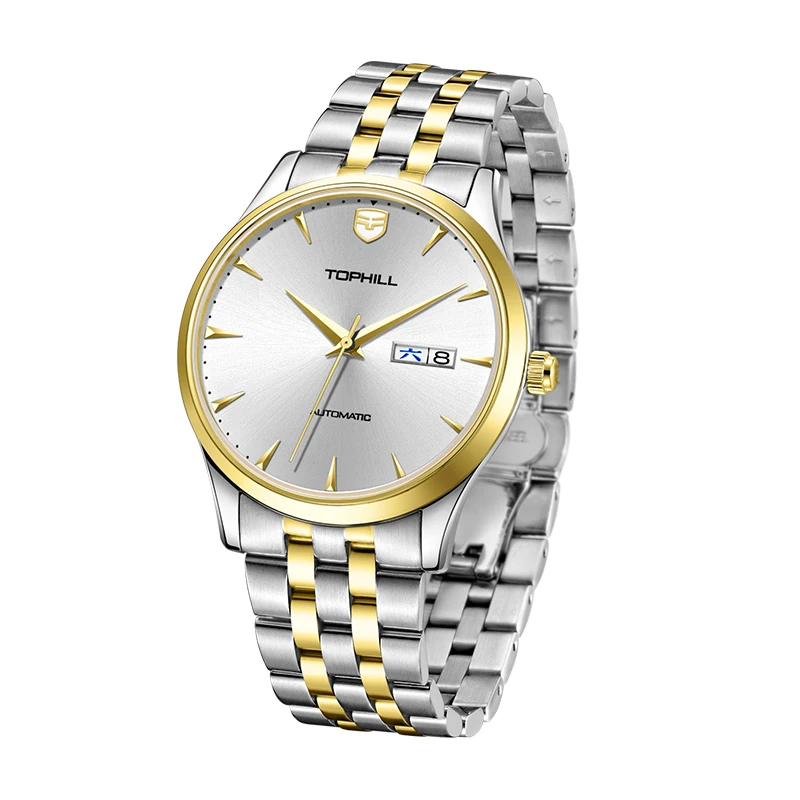 Tophill TW087G Stainless Steel Auto Date Complete Calendar 5ATM Waterproof Golden Automatic Mechanical Imported Movement Watches