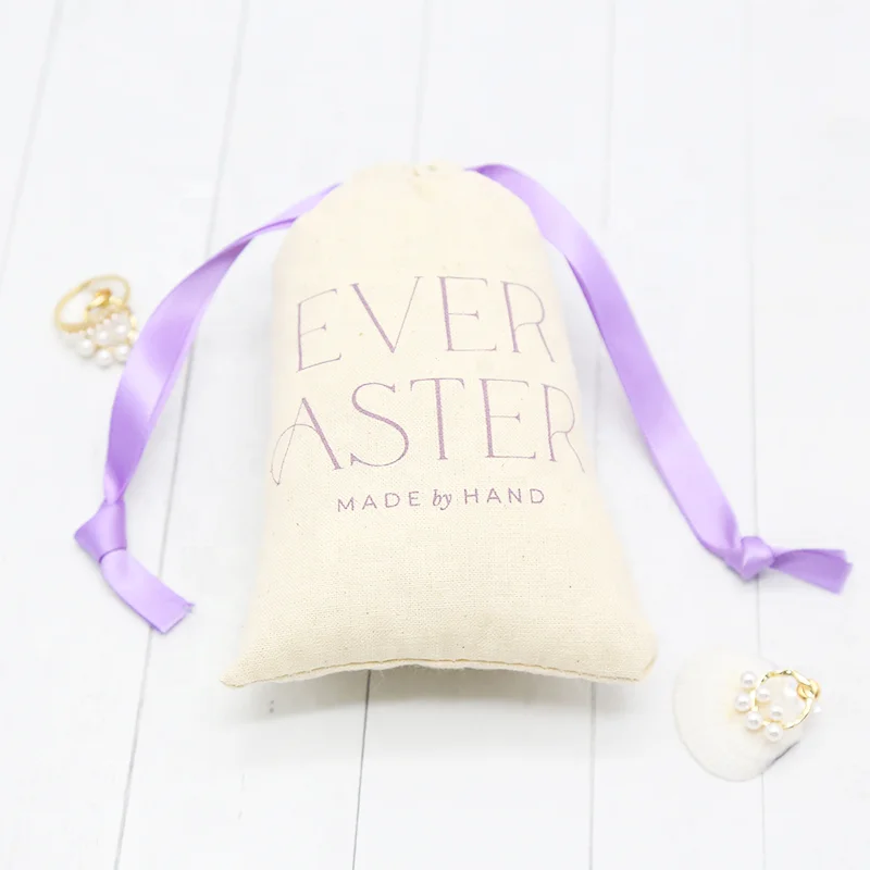 Wholesale custom logo printed small 100% organic  bag soft cotton muslin produce pouch for drawstring gift jewel
