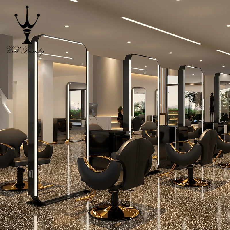 
LED Luxury Light floor LED Cabinet Hair Beauty Salon furniture Barber Mirror Station 