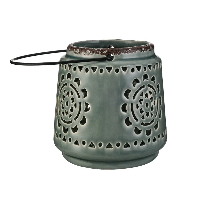 EAGLEGIFTS Custom Design Vintage Rustic Hollow Ceramic Candle Lantern Nordic Small Pottery Container Candle Holders Decorative