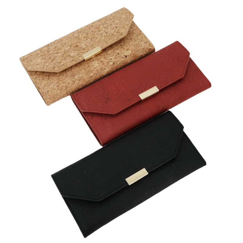 Wholesale Custom Eco Friendly Vegan Cork Leather Trifold Wallets Ladies Long Wallet for Womens Card Holder Wallet Purse