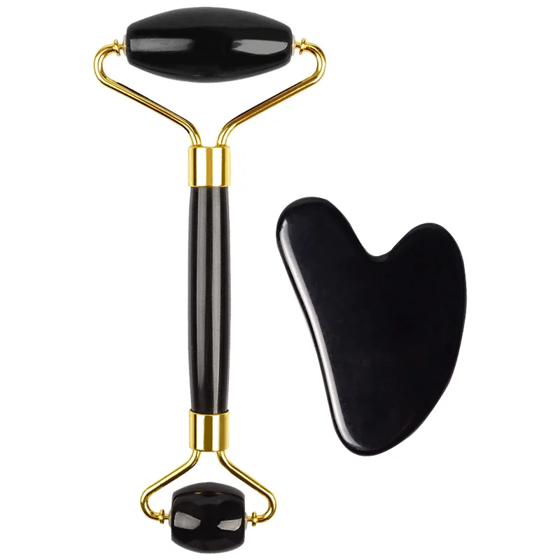 Free Custom logo jade roller Natural Black jade roller and gua sha Obsidian face facial rolelr massage tool