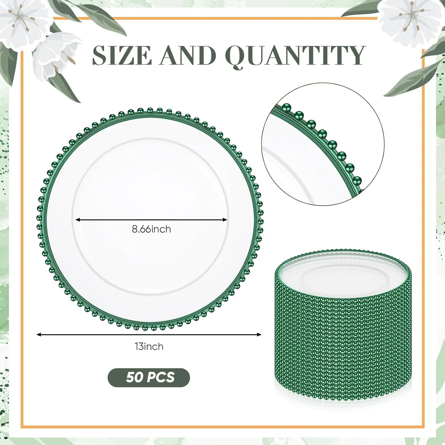 Clear Charger Plates 13 Inch Plastic Round Dinner Plates with Beaded Rim Dinner Table Decorative Plates (Dark Green)