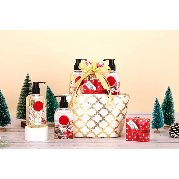 Оптовая продажа 280 мл гель для душа шампунь 100 мл лосьон для тела, 50 г хозяйственного мыла очищающая Ванна спа Халат подарок на Новый год, комплект с сумкой в комплекте