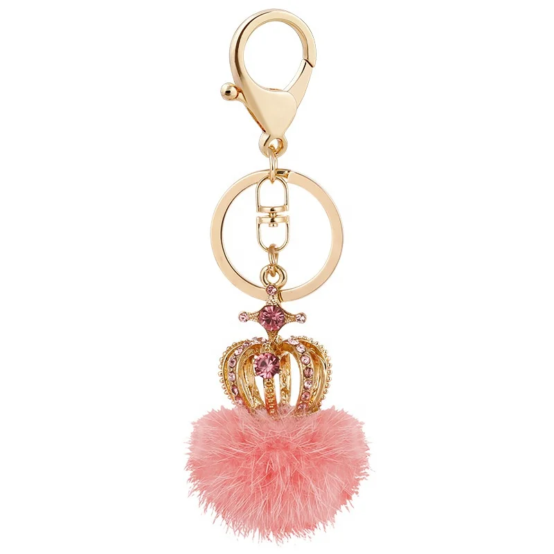 2022  Mink Hair Ball Pompom Crown Diamond  Keychain Lady Bag Accessories Metal key chain  Gift Bag Decoration Pendant