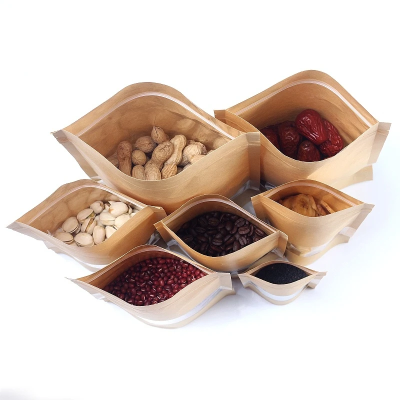 Customizable Manufacturer food grade Stand up kraft paper bag with clear window and zipper for food flour nut tea spices