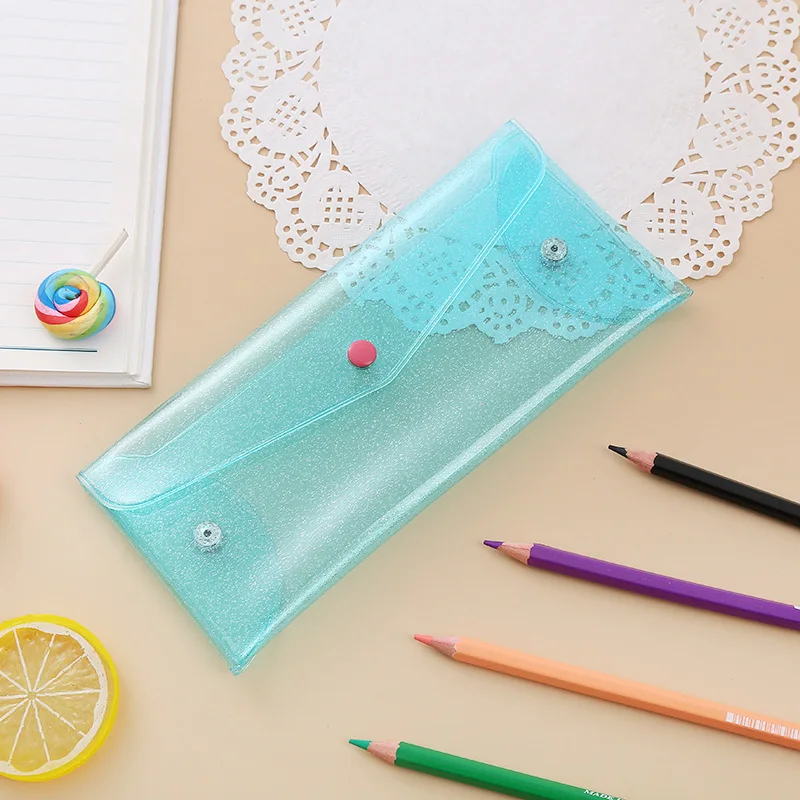 Creative laser colors transparent pvc pen bag portable foldable pencil case with snap button for stationery storage