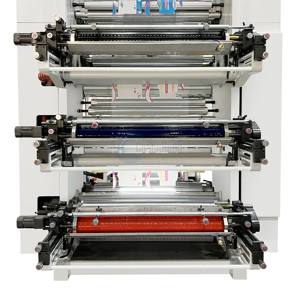6 Colour Flexo Printing Machine Metal Anilox Rollers Double Rewind and Unwind Design ChangHong Stack Type 80m/min Speed