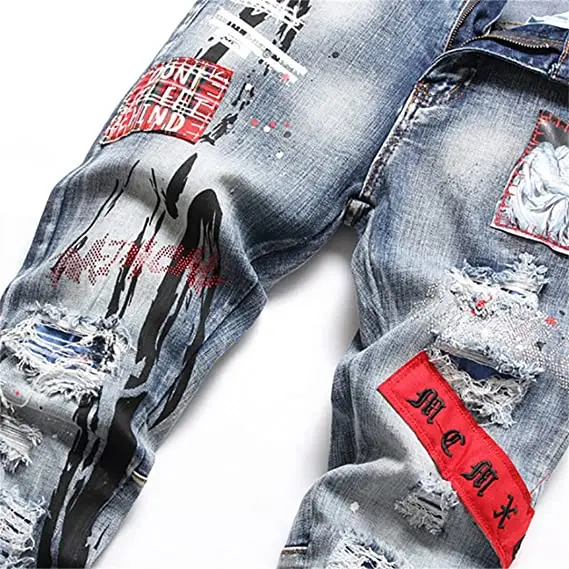 Custom Street style Ripped Pantalones Jeans Straight Fit Distressed Patched Jeans Motor Biker Denim tapered denim