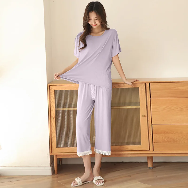NANTEX Custom Women Pajamas Short Sleeve Pyjamas Female Lace Modal Viscose Rayon Sleepwear Pajamas