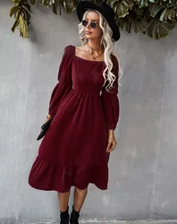 High Quality French Design Vintage Square Collar Long Fall Dress Sundress Women Elegant Dinner Long Sleeve Midi Dresses Evening