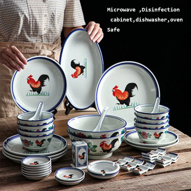 Vintage Chicken rooster design Dinner Set china Ceramic Melamine Crockery Dinnerware Sets