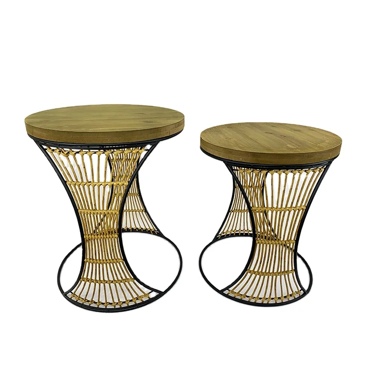 Round medieval accent table iron rattan living room wooden tea side coffee table modern